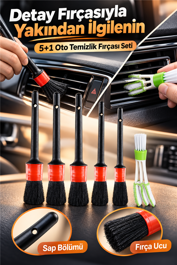 Mucit Home  5+1 Oto Temizlik Fırça Seti – Araç İçi Dışı Yıkama ve Klima Temizliği İçin