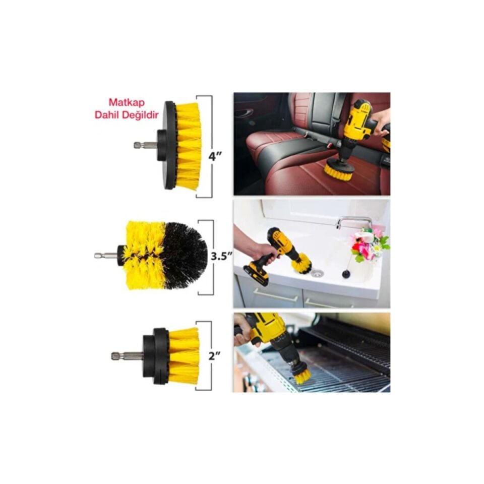 Mucit Home 3'lü Matkap Ucu Yıkama Temizleme Banyo Küvet Duşakabin Araba Tekerliği Koltuk Fırçası Seti