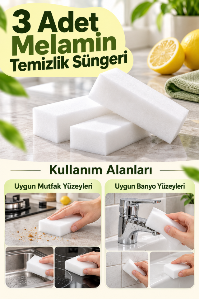 Mucit Home 3 Adet Melamin Sünger, Çizik Giderici Sünger, Duvar Temizleme Süngeri, Silgi Sünger, Sihirli Sünger
