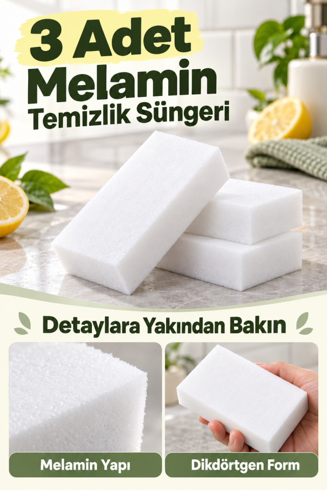 Mucit Home 3 Adet Melamin Sünger, Çizik Giderici Sünger, Duvar Temizleme Süngeri, Silgi Sünger, Sihirli Sünger