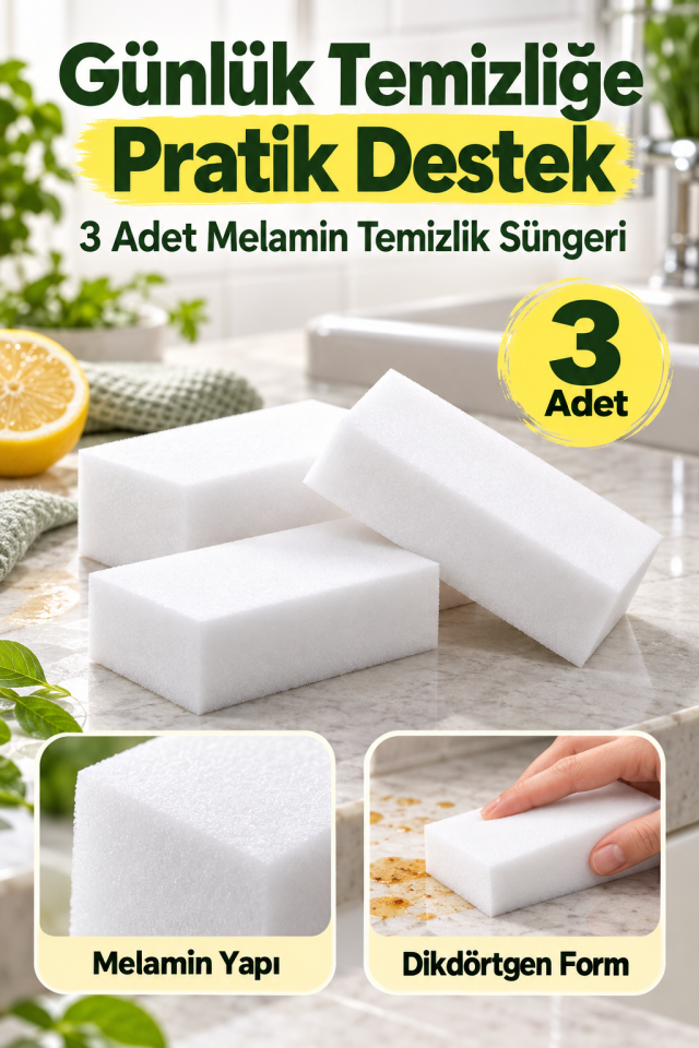 Mucit Home 3 Adet Melamin Sünger, Çizik Giderici Sünger, Duvar Temizleme Süngeri, Silgi Sünger, Sihirli Sünger