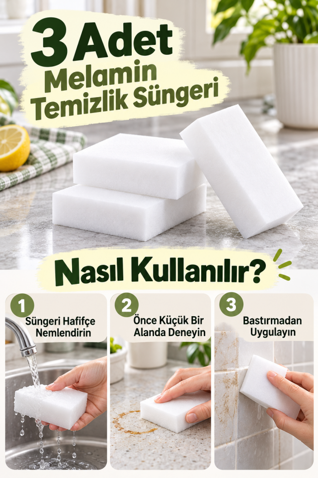 Mucit Home 3 Adet Melamin Sünger, Çizik Giderici Sünger, Duvar Temizleme Süngeri, Silgi Sünger, Sihirli Sünger