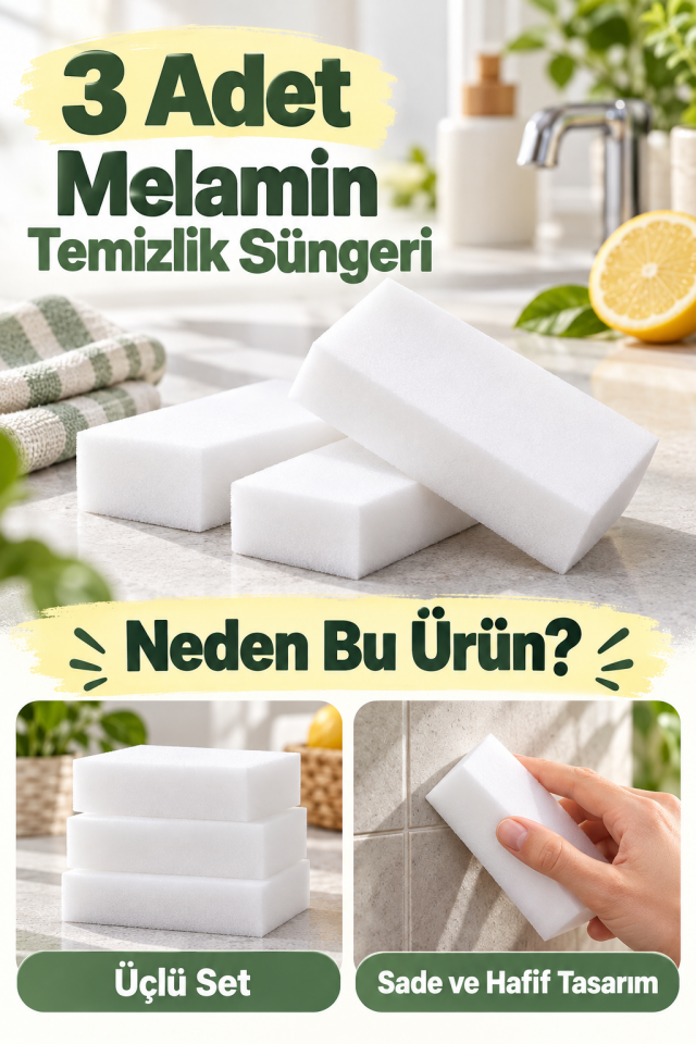 Mucit Home 3 Adet Melamin Sünger, Çizik Giderici Sünger, Duvar Temizleme Süngeri, Silgi Sünger, Sihirli Sünger