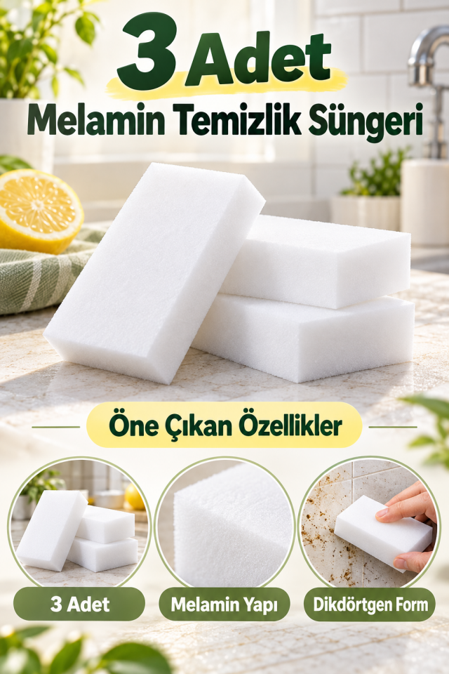 Mucit Home 3 Adet Melamin Sünger, Çizik Giderici Sünger, Duvar Temizleme Süngeri, Silgi Sünger, Sihirli Sünger