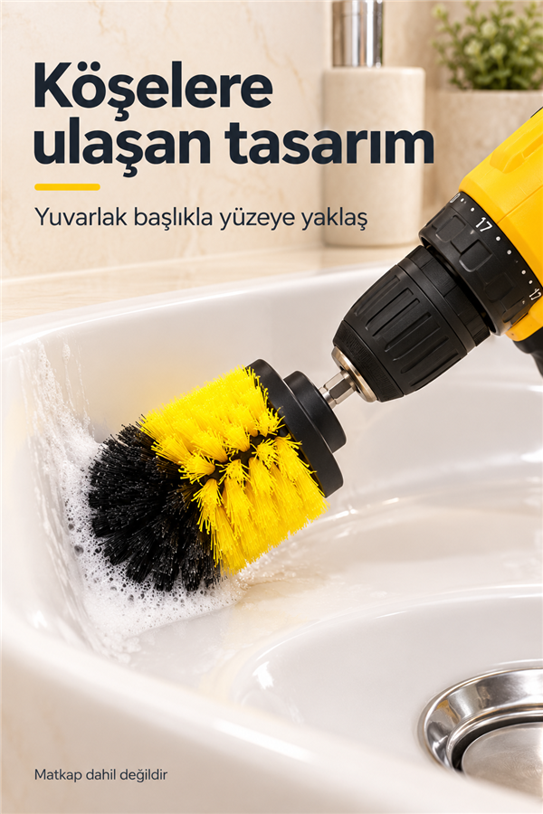 Mucit Home 3'lü Matkap Ucu Yıkama Temizleme Banyo Küvet Duşakabin Araba Tekerliği Koltuk Fırçası Seti