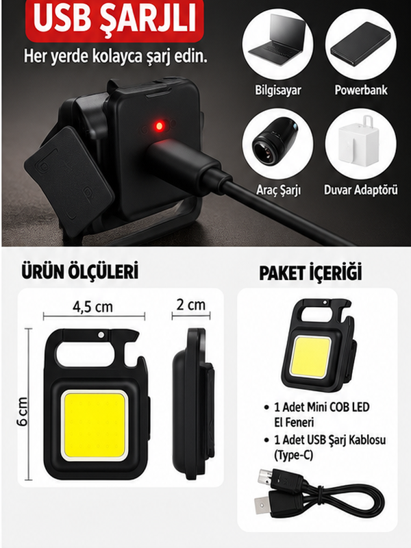 Mucit Home Mini Cep Led Anahtarlık El Feneri USB Şarjlı Çok Amaçlı Taşınabilir Lamba, Kamp Feneri, Şişe Açacaklı