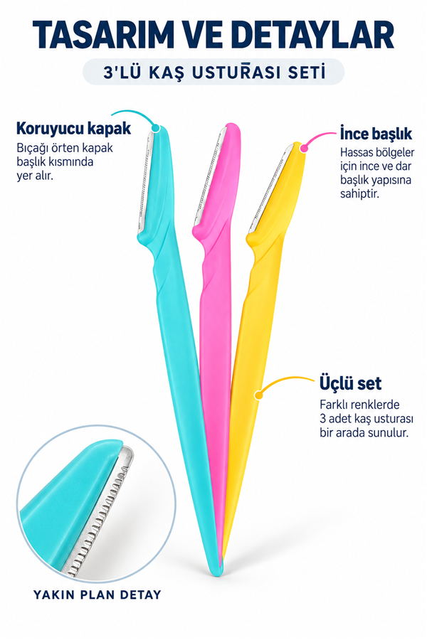 Mucit Home  3'lü Kaş Usturası ve Yüz Jileti - Dermaplaning Kadın Erkek Kaş Bıyık Yanak Tüy Alıcı Ustura Seti