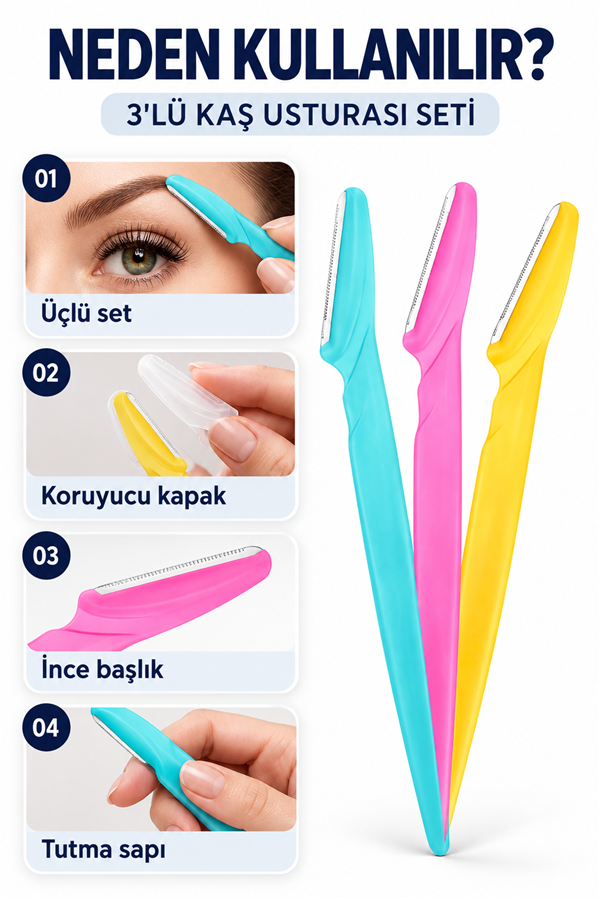 Mucit Home  3'lü Kaş Usturası ve Yüz Jileti - Dermaplaning Kadın Erkek Kaş Bıyık Yanak Tüy Alıcı Ustura Seti