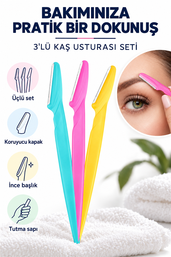 Mucit Home  3'lü Kaş Usturası ve Yüz Jileti - Dermaplaning Kadın Erkek Kaş Bıyık Yanak Tüy Alıcı Ustura Seti