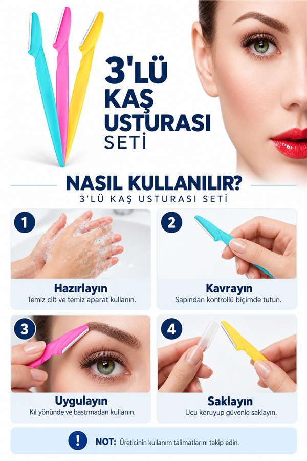 Mucit Home  3'lü Kaş Usturası ve Yüz Jileti - Dermaplaning Kadın Erkek Kaş Bıyık Yanak Tüy Alıcı Ustura Seti