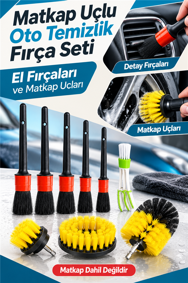 Mucit Home   Araç Iç Ve Dış Matkap Ucu Uyumlu Detaylı Bakım Fırça Temizleme Seti Toplam  9 Parça