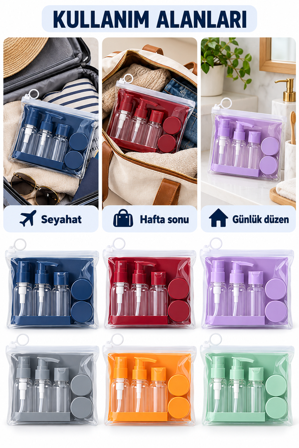 Mucit Home Çantalı Seyahat Seti – Renkli Şeffaf Doldurulabilir Şişe ve Krem Kabı – Uçak ve El Bagajı Uyumlu