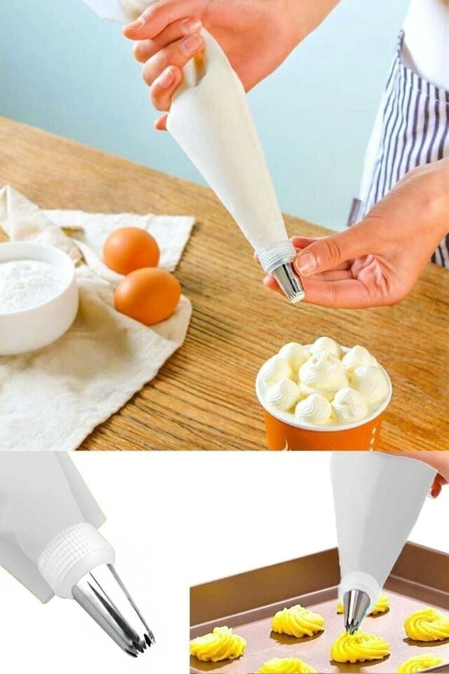 Mucit Home Krema Sıkma Torbası Seti 10 Parça Pasta Krema Kek Süsleme Torbası Paslanmaz Çelik Uçlu