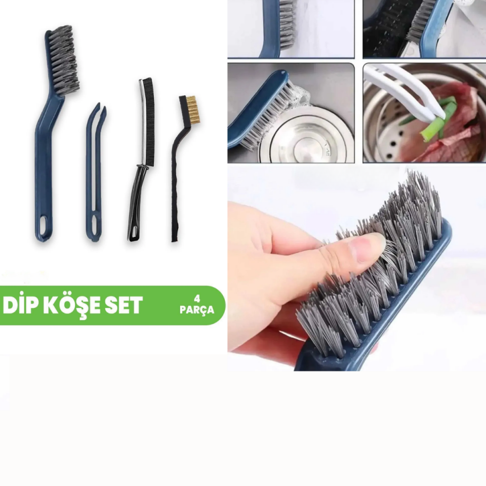 Mucit Home  4’lü Dip Köşe Temizlik Seti – Derz Fırçası, İnce Uçlu Fırça ve Gider Cımbızı