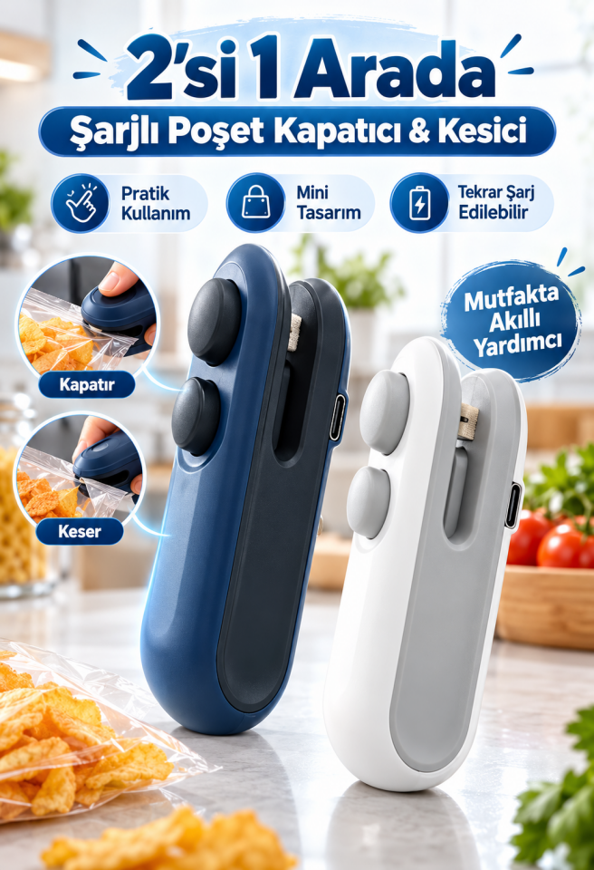 Mucit Home Poşet Kapatıcı Ve Kesici Poşet Mühürleme Aparatı Şarjlı Mini 2in1 Poşet Ambalaj Ağzı Kapatıcı