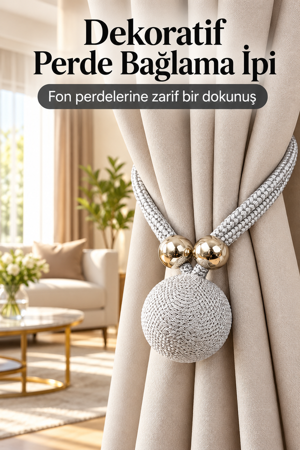 Mucit Home Gümüş Toplu Perde Süsü Fon Perde Bağlama İpi Dekoratif Toplu Perde Tutucu