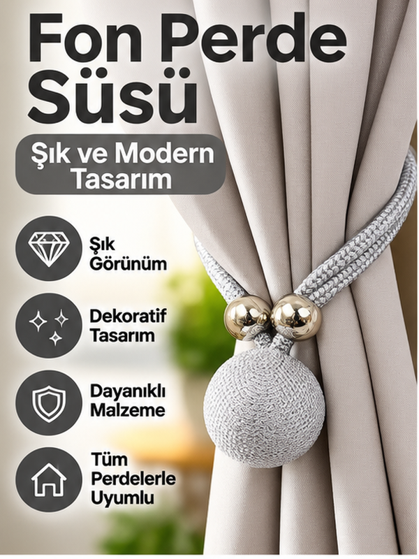 Mucit Home Gümüş Toplu Perde Süsü Fon Perde Bağlama İpi Dekoratif Toplu Perde Tutucu