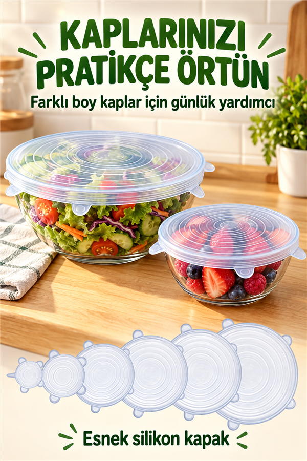 Mucit Home Silikon Kapak 6 Adet Esnek Silikon Kapak 6 Boy Tekrar Kullanılabilir Streç Kapak