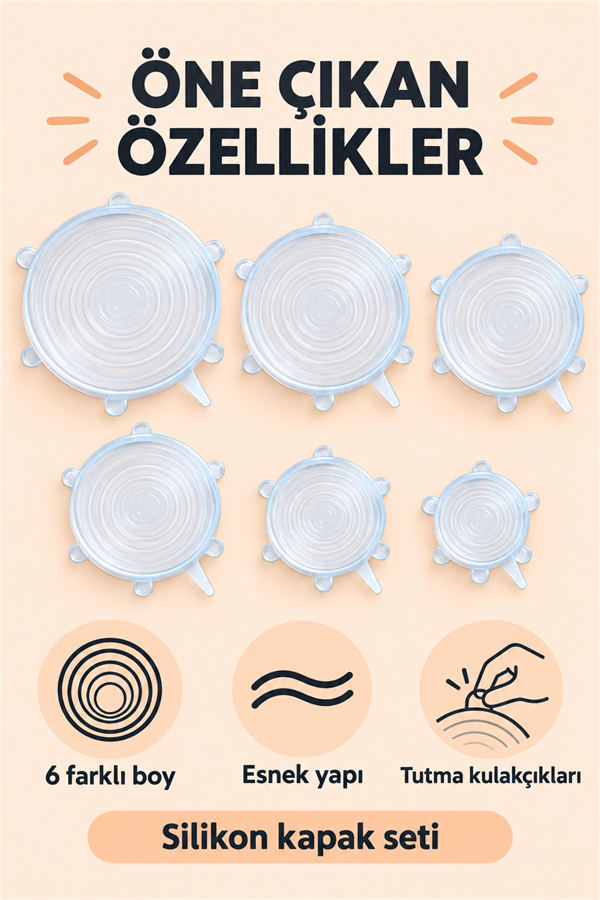 Mucit Home Silikon Kapak 6 Adet Esnek Silikon Kapak 6 Boy Tekrar Kullanılabilir Streç Kapak