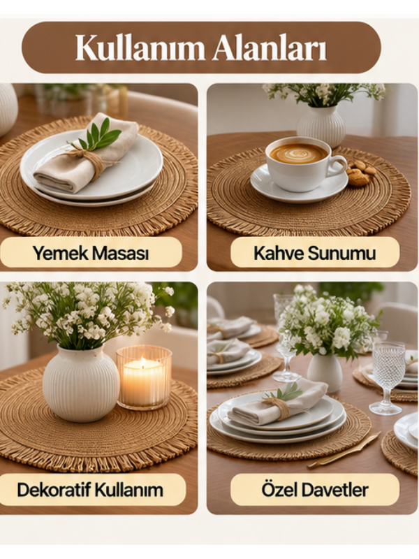 Mucit Home Kahve Püsküllü Hasır Supla 38 Cm Yuvarlak Amerikan Servis Tabak Altlığı Dekoratif Örgü