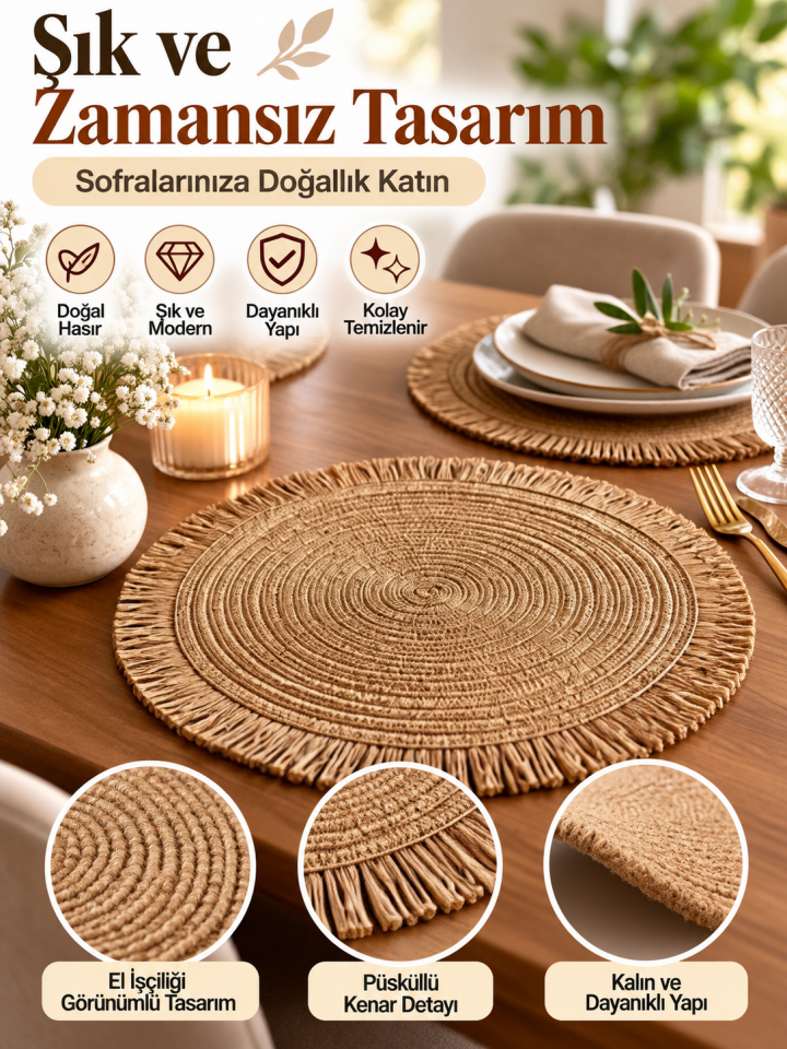 Mucit Home Kahve Püsküllü Hasır Supla 38 Cm Yuvarlak Amerikan Servis Tabak Altlığı Dekoratif Örgü