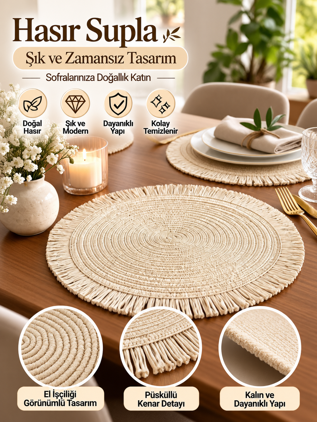 Mucit Home Krem Püsküllü Hasır Supla Yuvarlak Amerikan Servis Tabak Altlığı Dekoratif Örgü Sofra Matı
