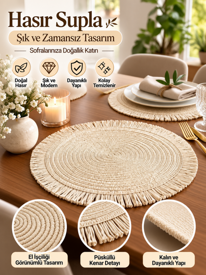 Mucit Home Krem Püsküllü Hasır Supla Yuvarlak Amerikan Servis Tabak Altlığı Dekoratif Örgü Sofra Matı