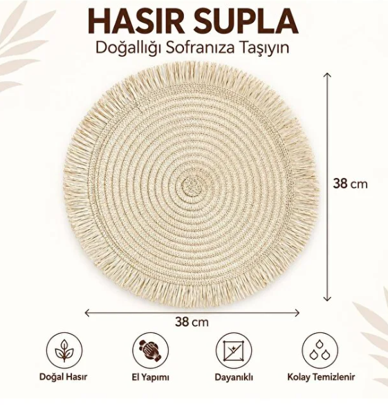 Mucit Home Krem Püsküllü Hasır Supla Yuvarlak Amerikan Servis Tabak Altlığı Dekoratif Örgü Sofra Matı
