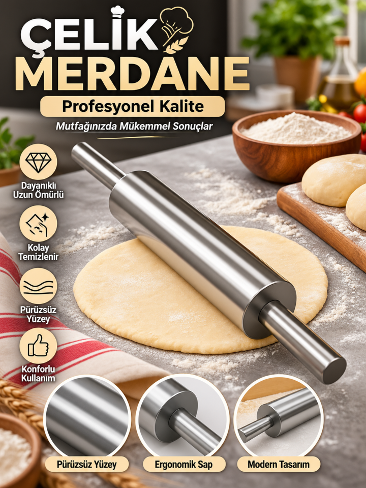 Mucit Home Çelik Rulo Dönen Merdane Merdane Kolay Hamur Açma Rulo Merdanesi 1 Adet