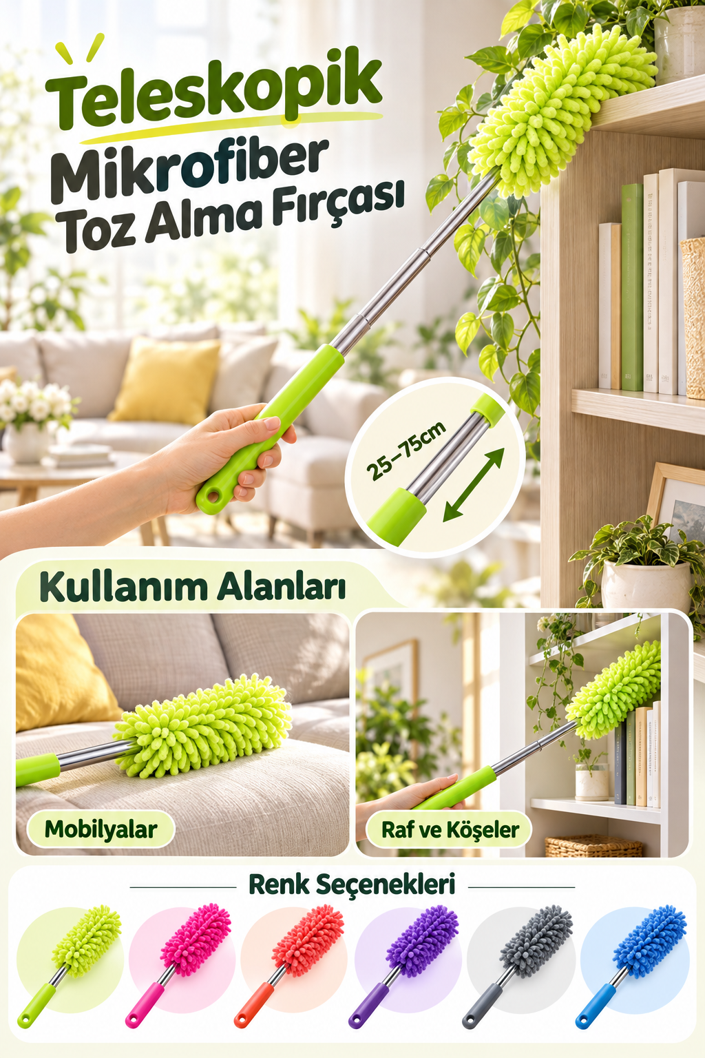 Mucit Home Teleskopik Uzayabilen Mikrofiber Toz Alma Fırçası 25-75 cm