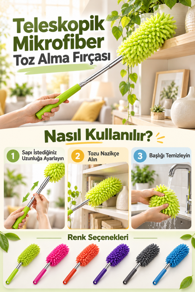 Mucit Home Teleskopik Uzayabilen Mikrofiber Toz Alma Fırçası 25-75 cm
