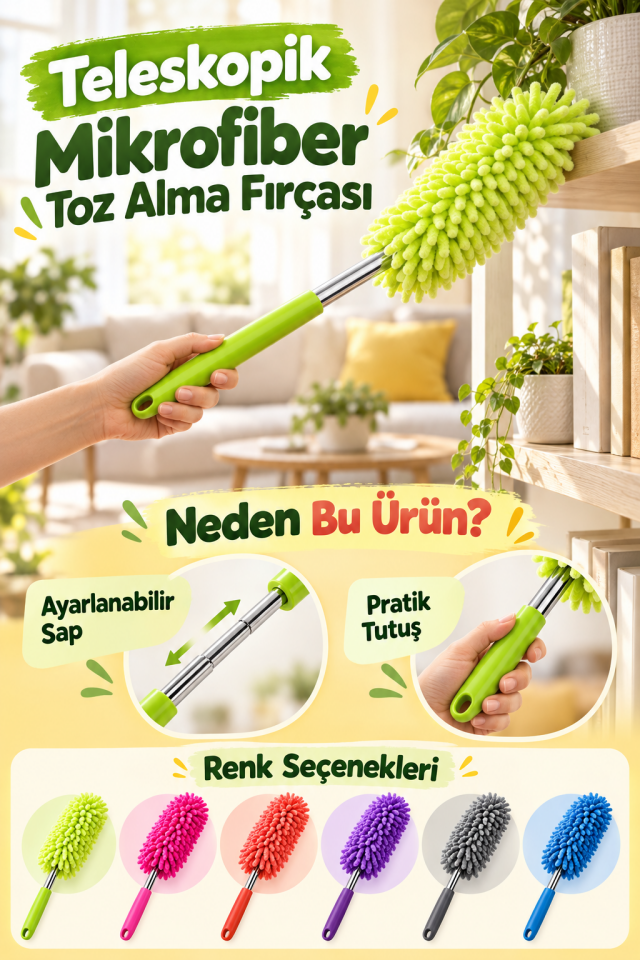 Mucit Home Teleskopik Uzayabilen Mikrofiber Toz Alma Fırçası 25-75 cm