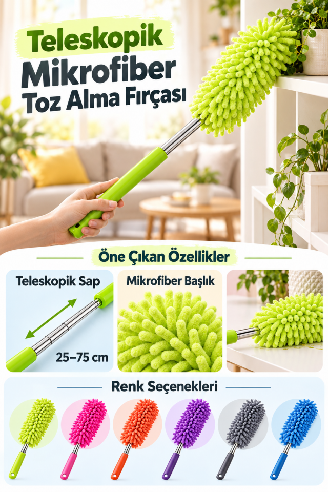 Mucit Home Teleskopik Uzayabilen Mikrofiber Toz Alma Fırçası 25-75 cm