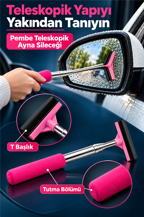 Mucit Home Pembe Teleskopik Araba Cam Sileceği Yan Dikiz Aynası Çekeceği Araç Ayna Çekecek 1 M