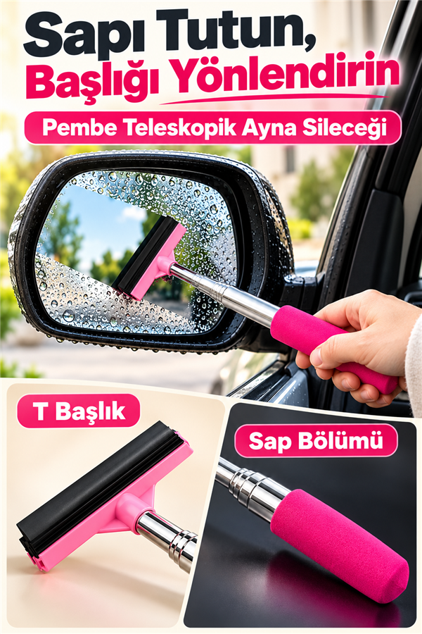 Mucit Home Pembe Teleskopik Araba Cam Sileceği Yan Dikiz Aynası Çekeceği Araç Ayna Çekecek 1 M