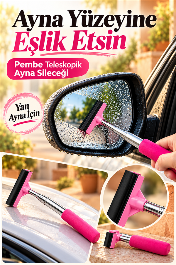 Mucit Home Pembe Teleskopik Araba Cam Sileceği Yan Dikiz Aynası Çekeceği Araç Ayna Çekecek 1 M