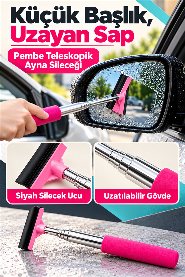 Mucit Home Pembe Teleskopik Araba Cam Sileceği Yan Dikiz Aynası Çekeceği Araç Ayna Çekecek 1 M