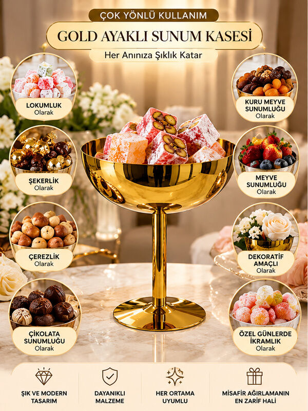 Mucit Home Gold Paslanmaz Çelik Ayaklı Şekerlik Lokumluk Premium Kalite Zarif Sofra Sunumluğu