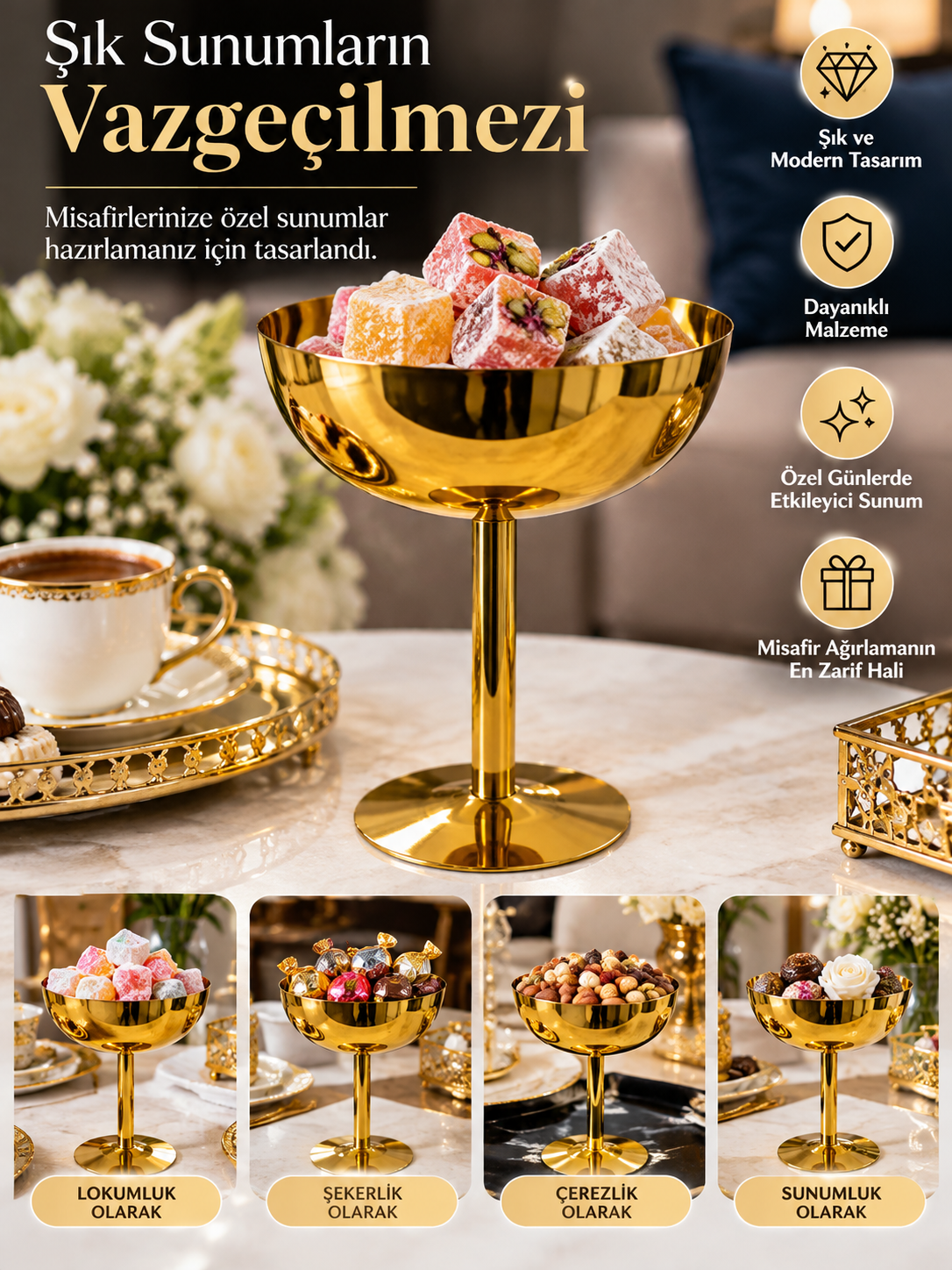 Mucit Home Gold Paslanmaz Çelik Ayaklı Şekerlik Lokumluk Premium Kalite Zarif Sofra Sunumluğu