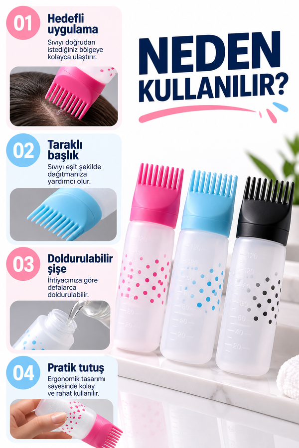 Mucit Home   Taraklı Saç Boyama Ve Bakım Yağı Uygulama Şişesi Doldurulabilir Boş Şişe