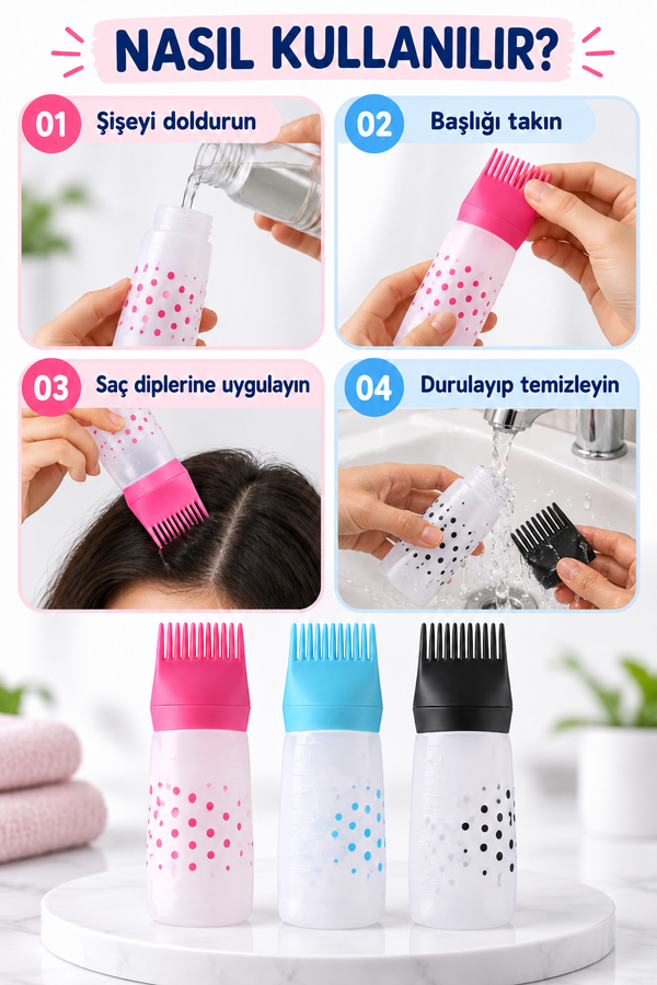 Mucit Home   Taraklı Saç Boyama Ve Bakım Yağı Uygulama Şişesi Doldurulabilir Boş Şişe