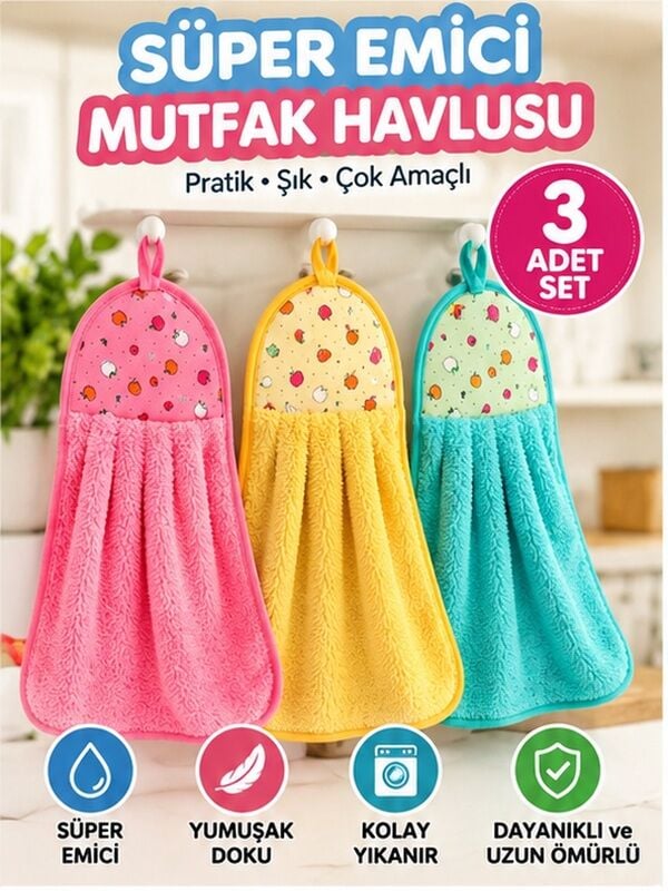 Mucit Home Mutfak Havlusu 3 Adet Süper Emici  Kurutma Havlusu Asılabilir