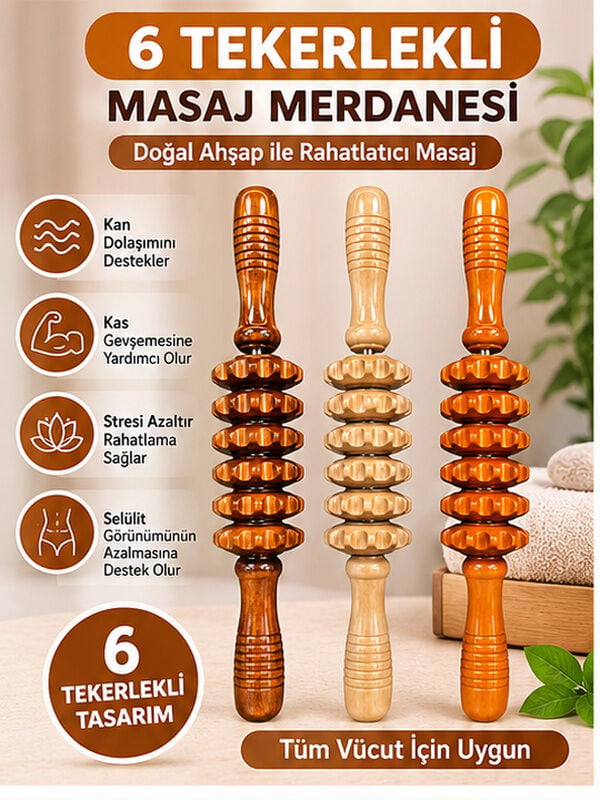 Mucit Home 6 Tekerlekli Medikal Ahşap Masaj Merdanesi Tüm Vücut Masaj Aleti Selült Giderici