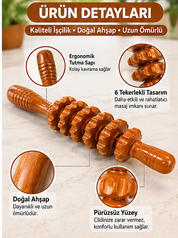 Mucit Home 6 Tekerlekli Medikal Ahşap Masaj Merdanesi Tüm Vücut Masaj Aleti Selült Giderici