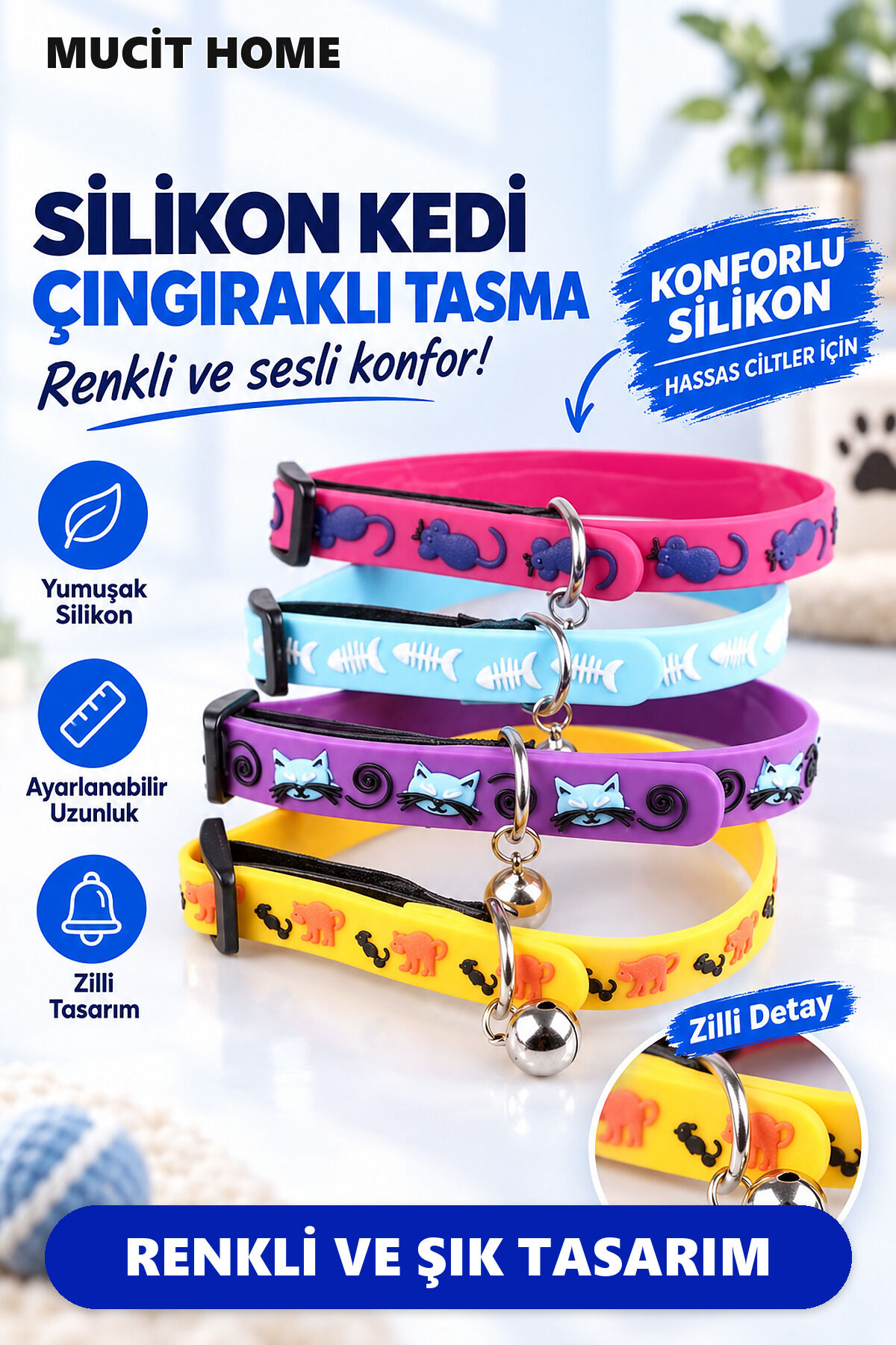 Mucit Home   Çıngıraklı Zilli Sevimli Renkli Slikon Kedi Köpek Boyun Tasması