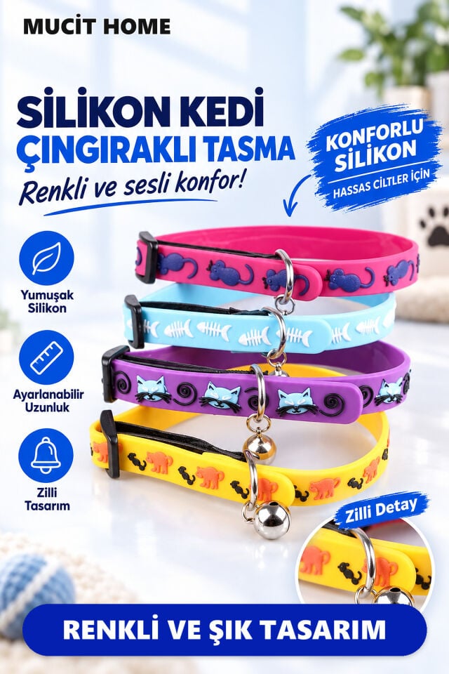 Mucit Home   Çıngıraklı Zilli Sevimli Renkli Slikon Kedi Köpek Boyun Tasması
