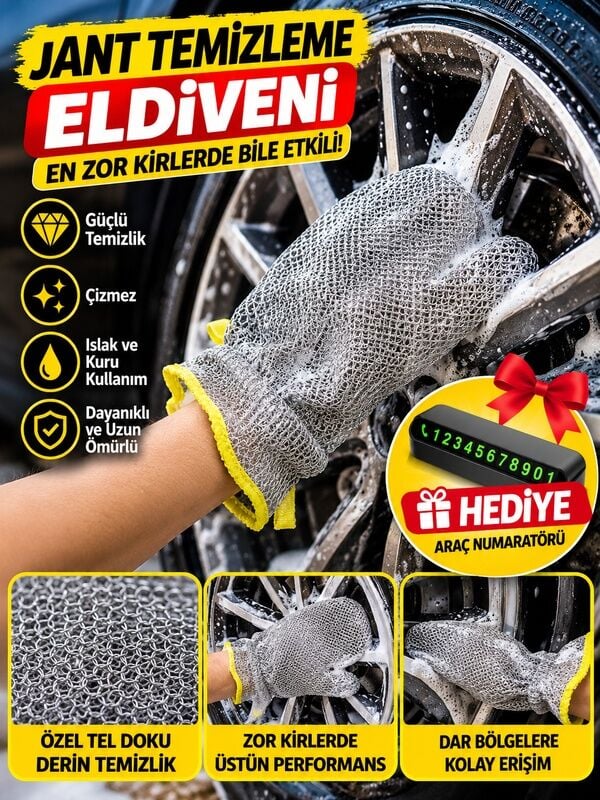 Mucit Home Jant Temizleme Eldiveni+Araç Numaratör Hediyeli Oto Lastik ve Jant Yıkama Temizlik Eldiveni