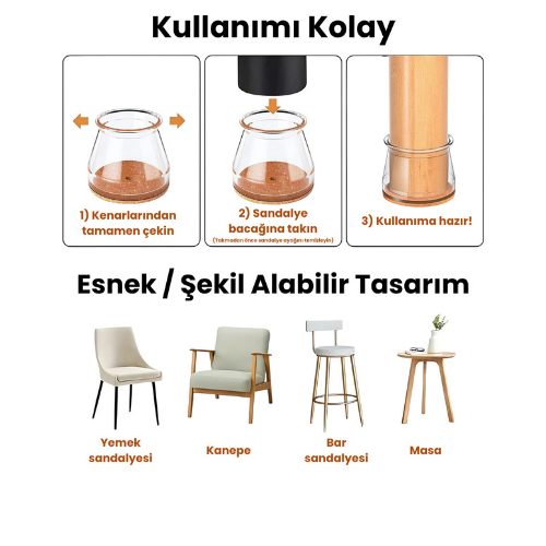 24 Adet Yuvarlak Sandalye Pabucu (T:3,6cm U:3,6cm) Şeffaf Silikon İnce Keçeli Sandalye Pabucu