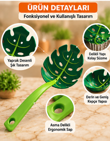 Mucit Home Yaprak Desenli Makarna Kevgiri ve Kaşık Altlığı Çok Amaçlı 2 si 1Arada Süzgeç Kepçe