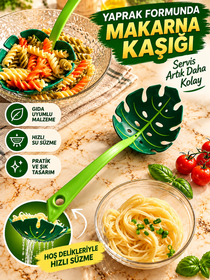 Mucit Home Yaprak Desenli Makarna Kevgiri ve Kaşık Altlığı Çok Amaçlı 2 si 1Arada Süzgeç Kepçe